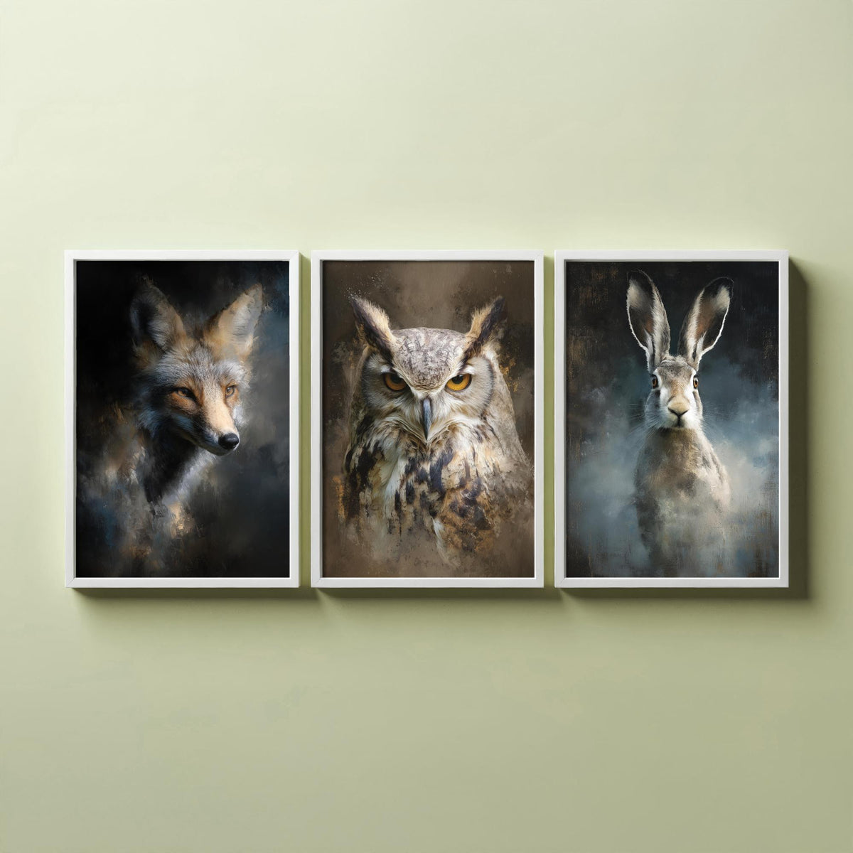 Majestic Emergence Art Prints - Set of Three British Wildlife Posters - Fox Owl Hare Paintings