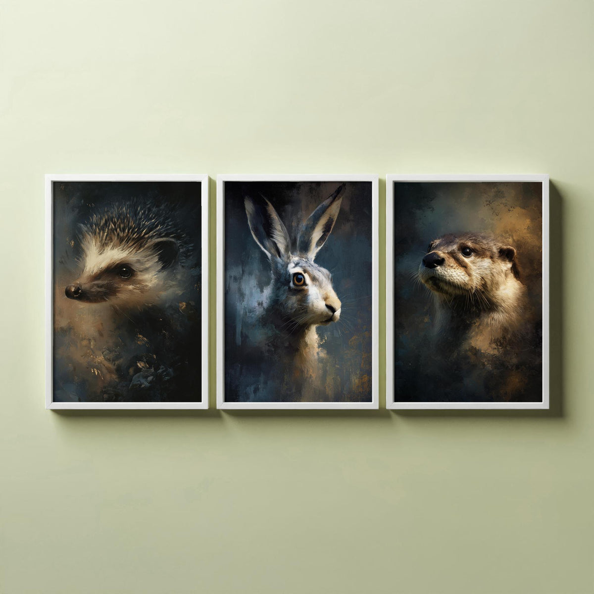 Majestic Emergence Art Prints - Set of Three Woodland Mammals Posters - Hedgehog Hare Otter Paintings