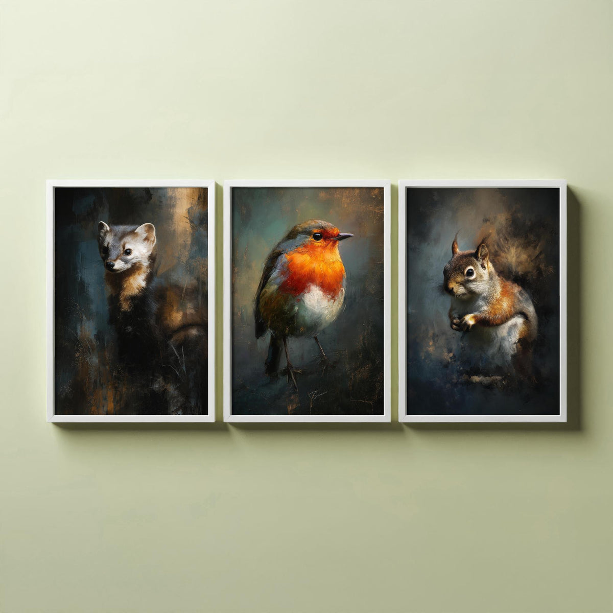 Majestic Emergence Art Prints - Set of Three Woodland Critters Posters - Pine Marten Robin Squirrel Paintings