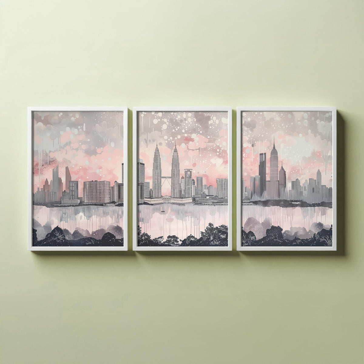Kuala Lumpur Set of Three Art Prints - Malaysia Skyline Panorama - Petronas Towers KL Tower - Pink Grey Watercolour Poster
