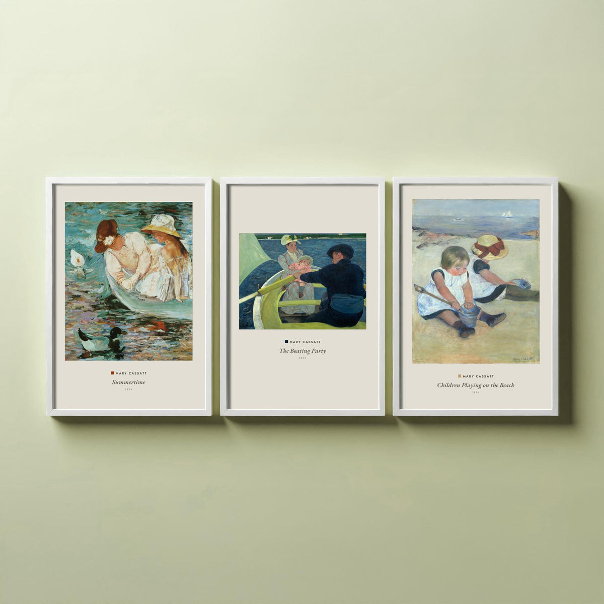 Set of Three Mary Cassatt Art Prints - 3 Summer Beach Paintings - Poster Giclee Museum - Summertime The Boating Party Children on the Beach