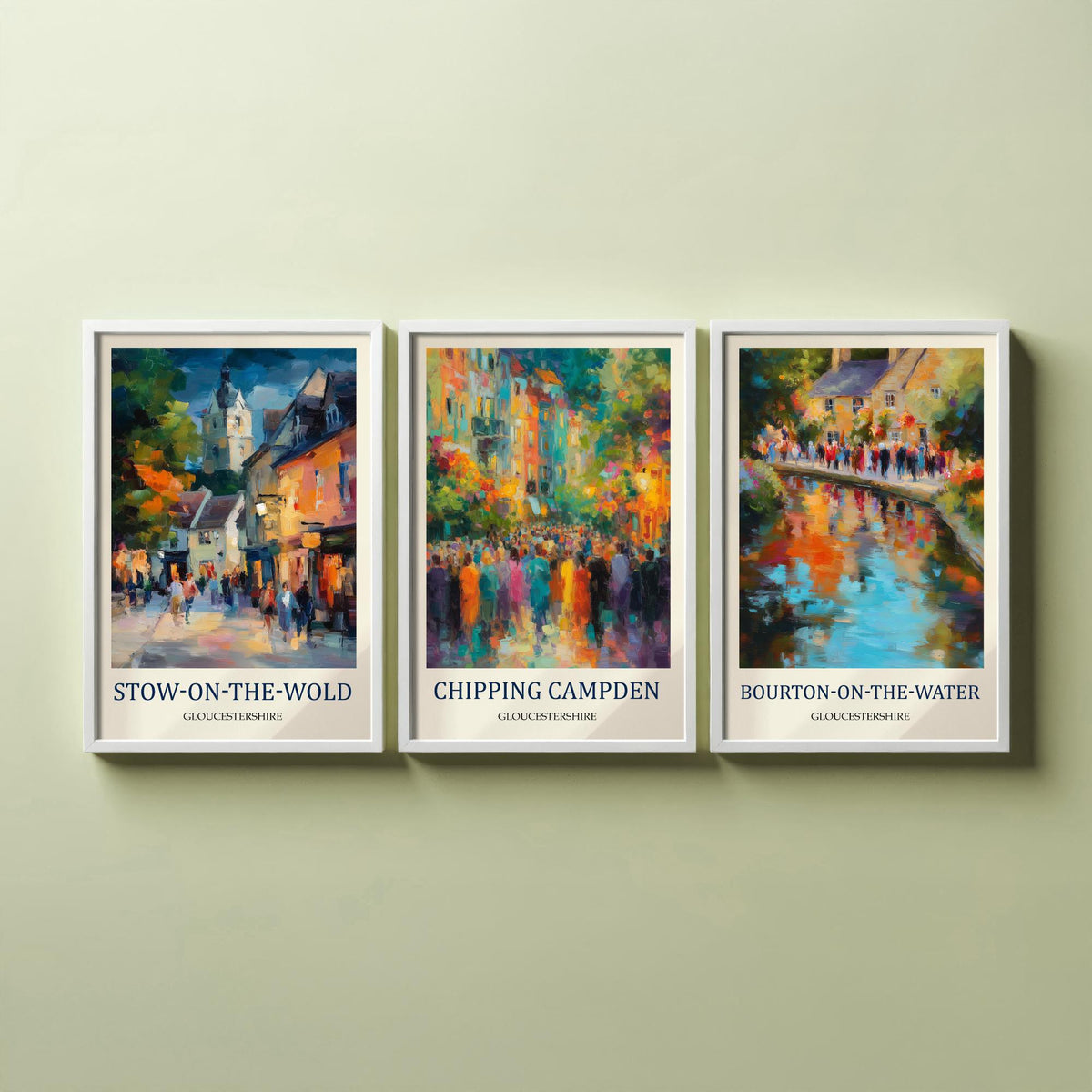 Cotswolds Villages Set of Three Prints | Stow-on-the-Wold Chipping Campden Bourton-on-the-Water | Fauvist Wall Art Poster Painting