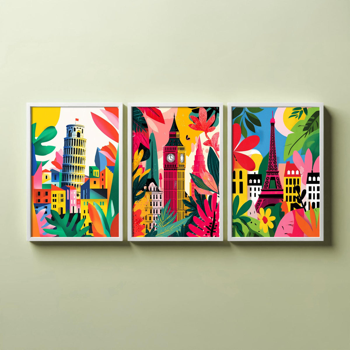 World Landmarks Set of Three Prints | Leaning Tower of Pisa Big Ben Eiffel Tower | Cut Out Style Travel Illustration Poster