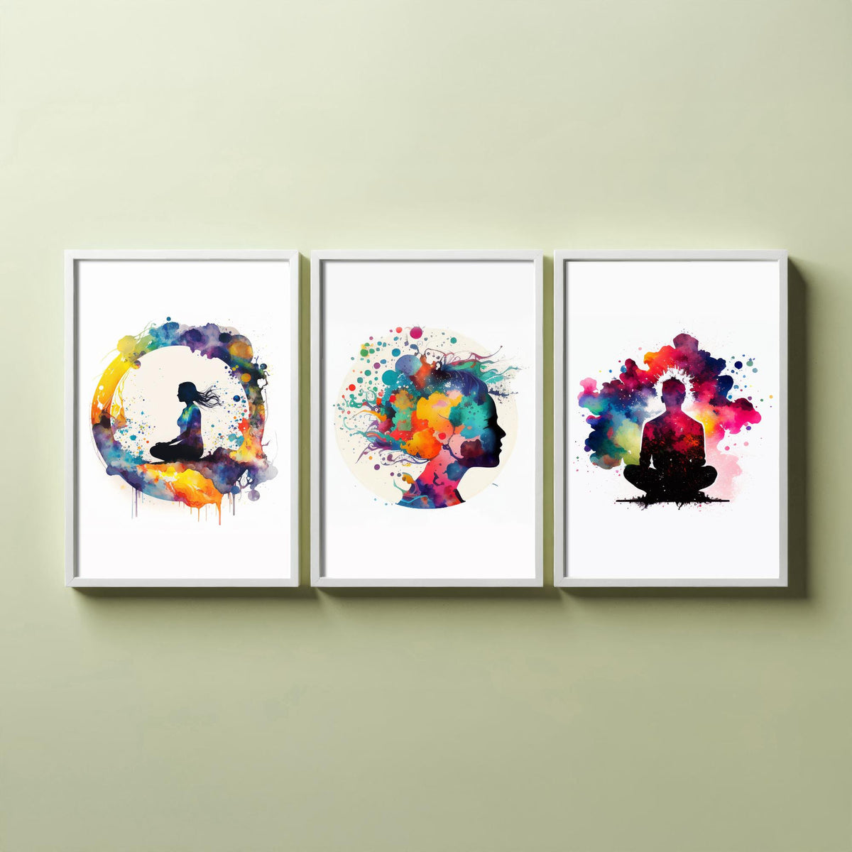Cosmic Meditation Set of Three Art Prints - Galaxy Silhouettes in Rainbow Watercolour - Spiritual Poster Painting