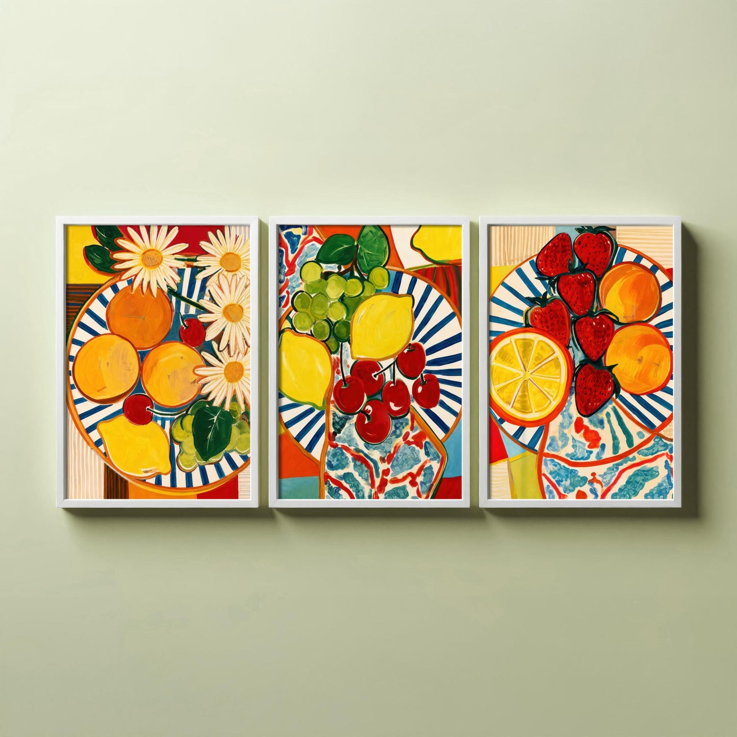 Mediterranean Fruit Set of Three Kitchen Art Prints - Matisse Style Fruit Plates - Bold Poster Wall Art Painting Gift Decor