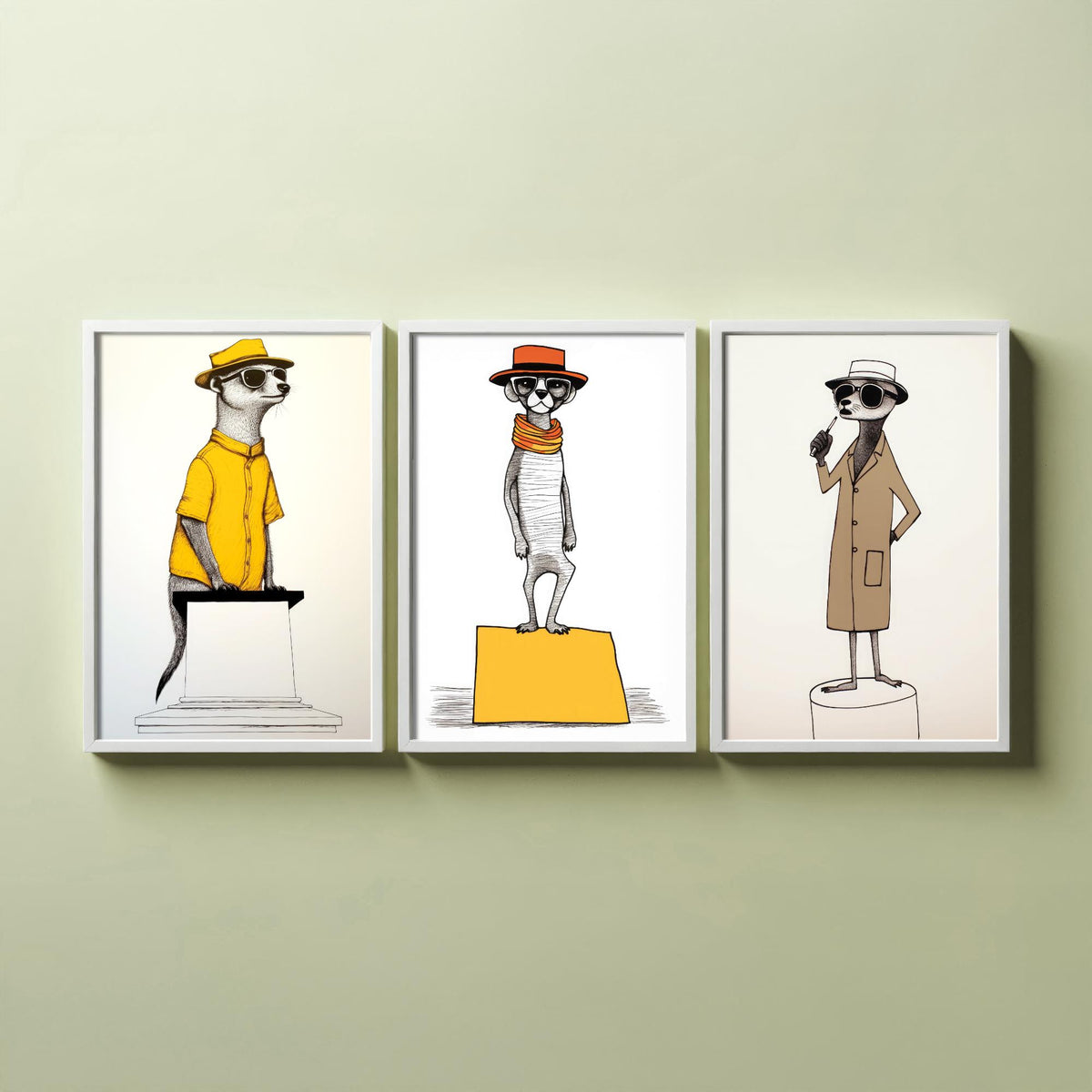Dapper Meerkats Set of Three Art Prints - Meerkats in Hats and Sunglasses - Quirky Line Drawing Poster