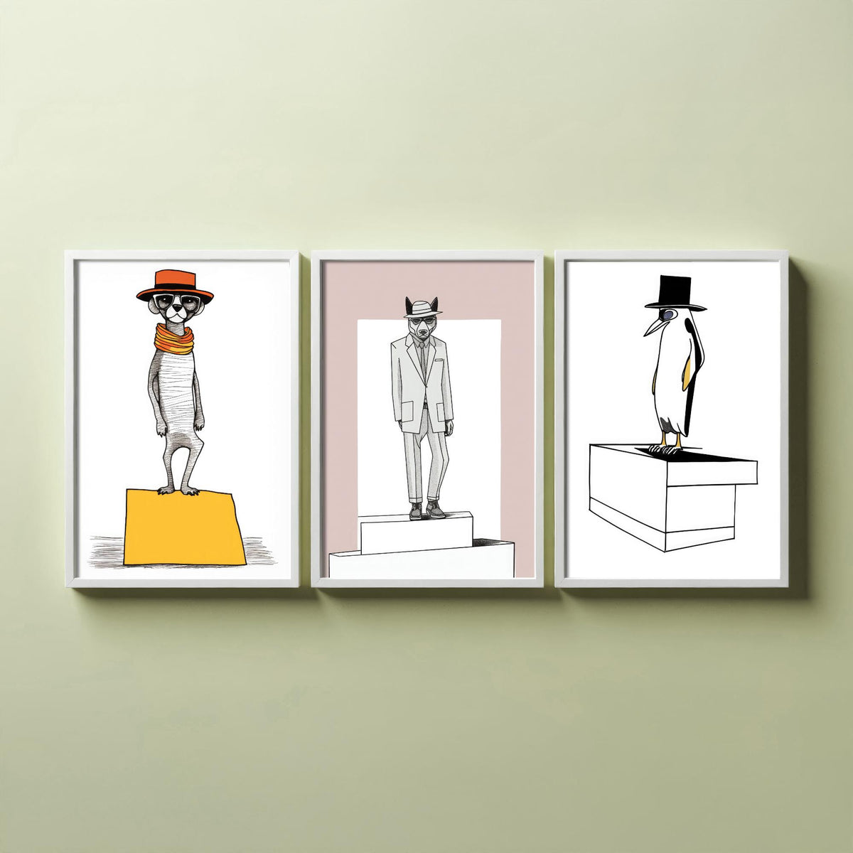 Dapper Animals Set of Three Art Prints - Meerkat, Wolf, Penguin - Quirky Line Drawing Poster