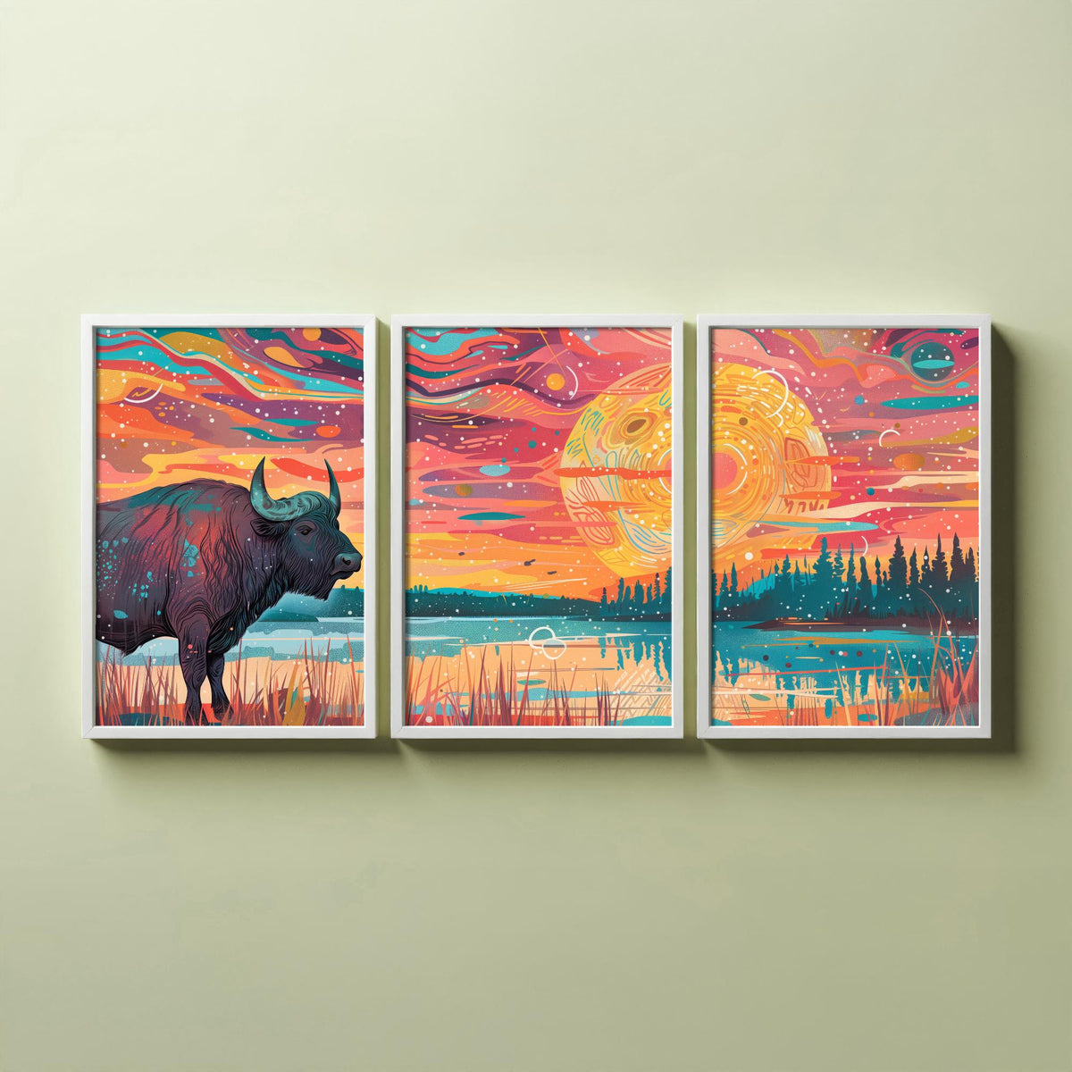 American Buffalo Set of Three Art Prints - 3 Bison Landscape Posters - Boho Sunset Wildlife Painting Gift Decor