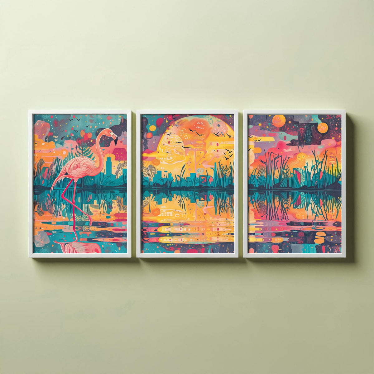 Surreal Flamingo Set of Three Art Prints - 3 Wetland Moon Cityscape Posters - Bold Boho Bird Wildlife Painting Decor