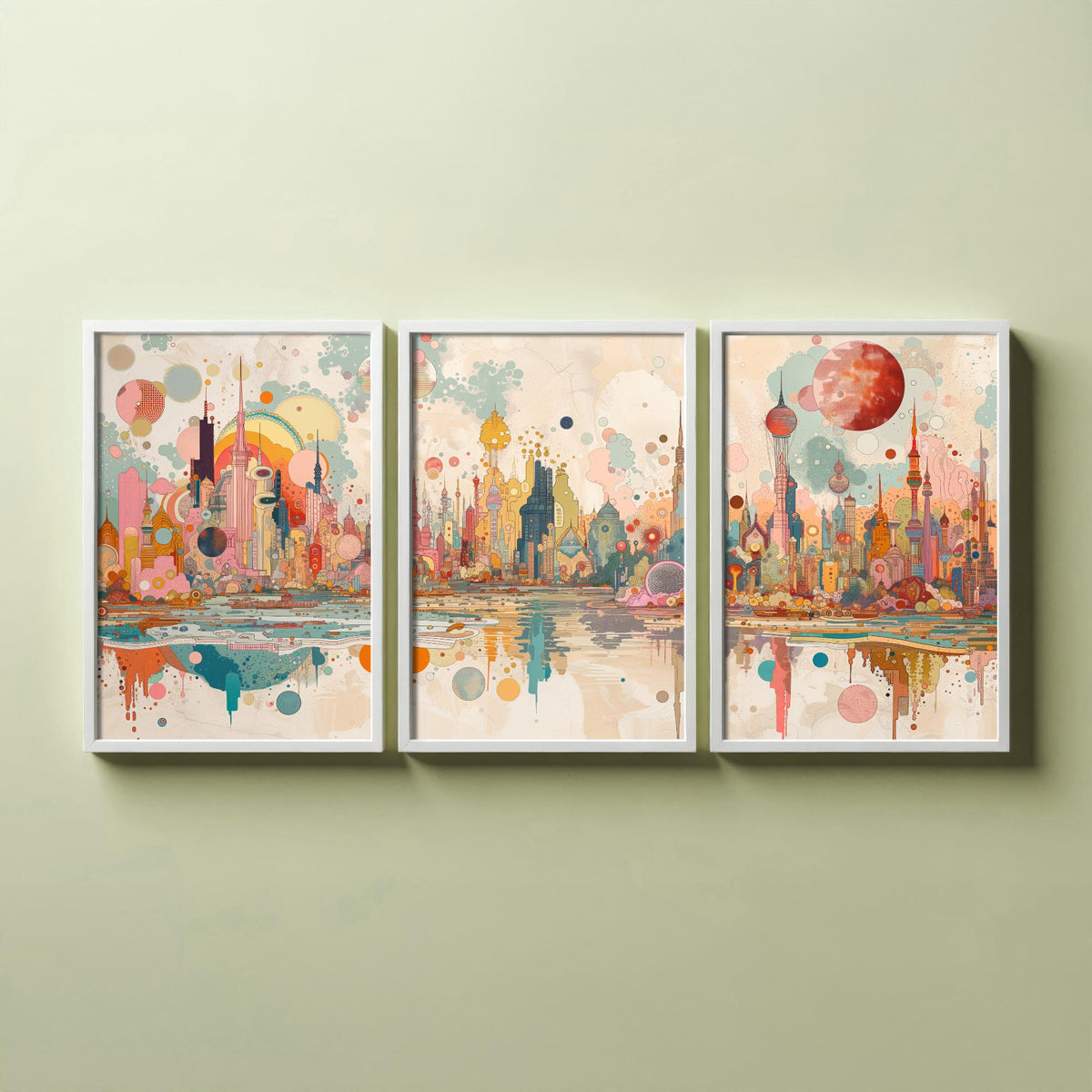 Bangkok Thailand Skyline Set of Three Prints | Baiyoke Tower Grand Palace Mahanakhon | Panoramic Cityscape Wall Art Poster Painting