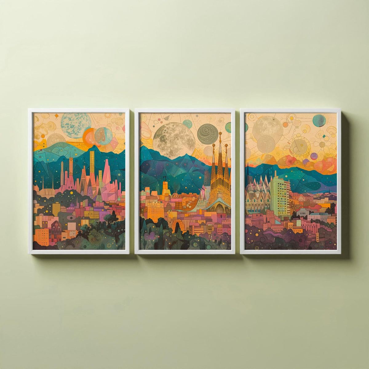 Barcelona Spain Skyline Set of Three Prints | Sagrada Familia Montjuic Tibidabo | Panoramic Cityscape Wall Art Poster Illustration
