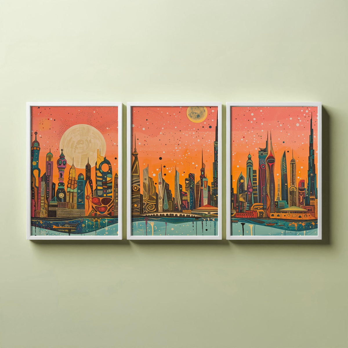 Dubai UAE Skyline Set of Three Prints | Burj Khalifa Burj Al Arab Marina Towers | Panoramic Cityscape Wall Art Poster Painting