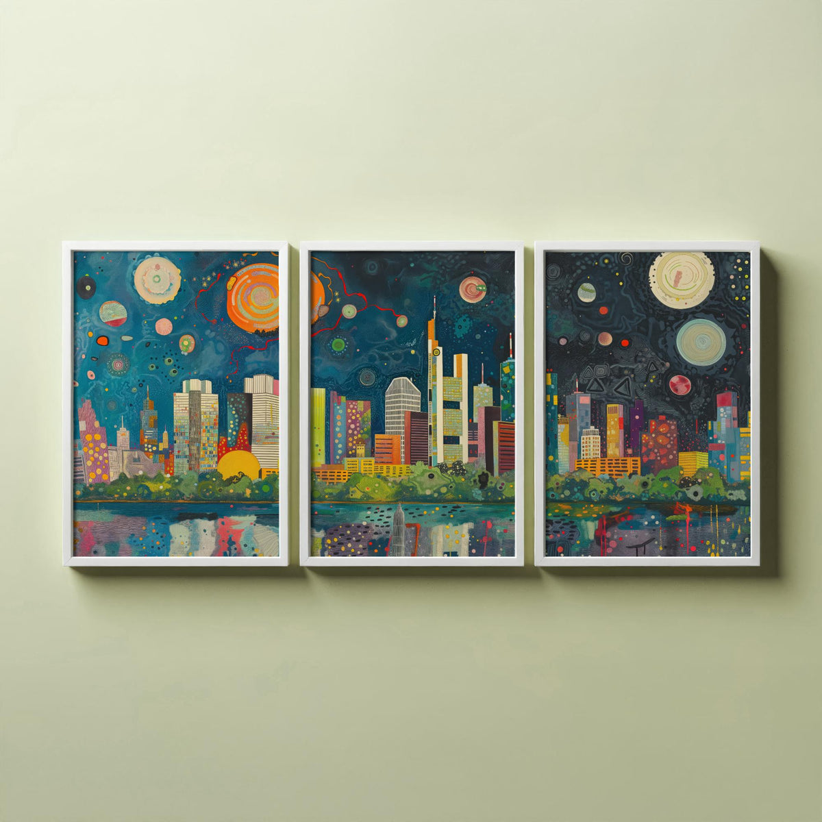 Frankfurt Germany Skyline Set of Three Prints | Commerzbank Main Tower Messeturm | Night Cityscape Wall Art Poster Painting
