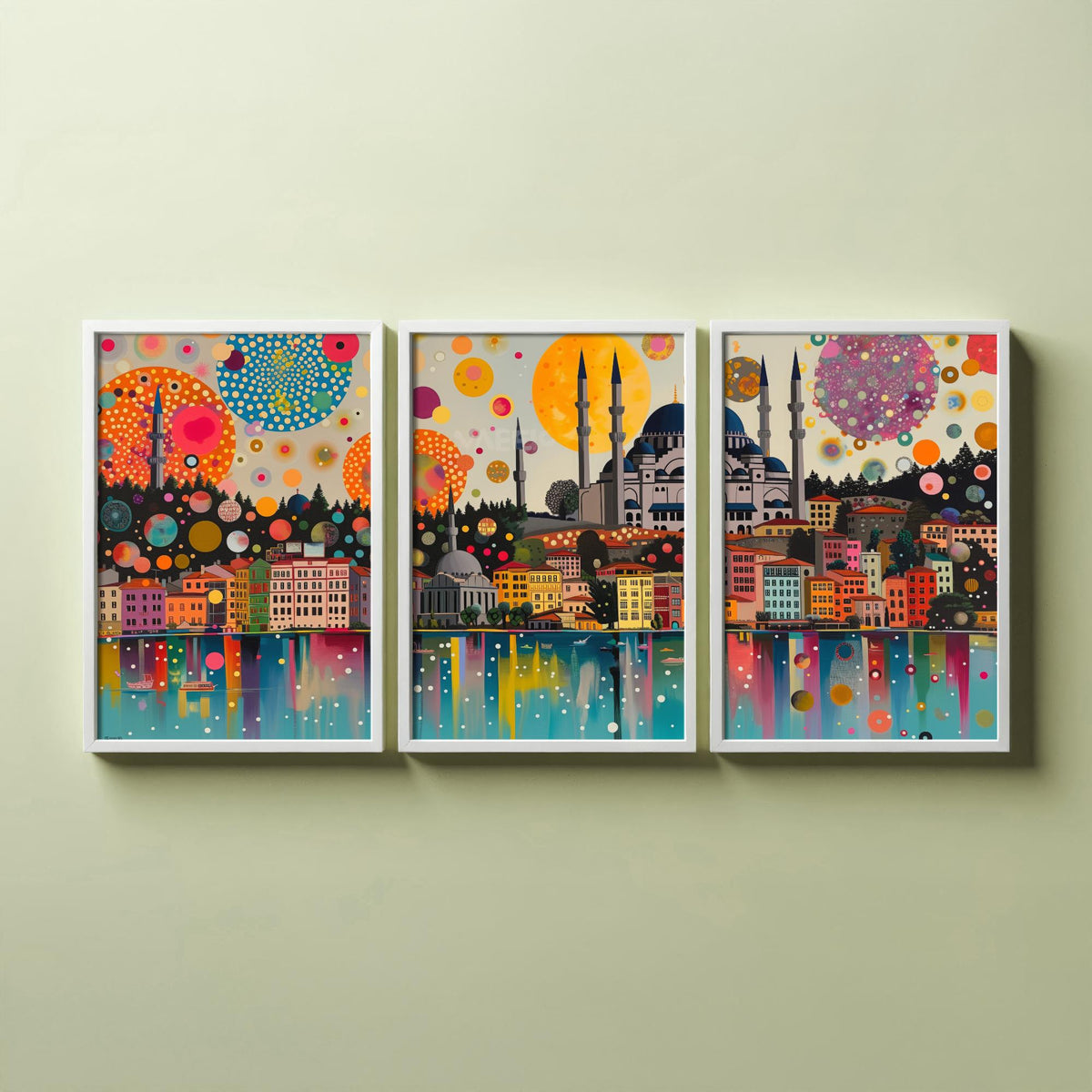 Istanbul Turkey Skyline Set of Three Prints | Camlica Mosque Bosphorus Blue Mosque | Panoramic Cityscape Wall Art Poster Painting