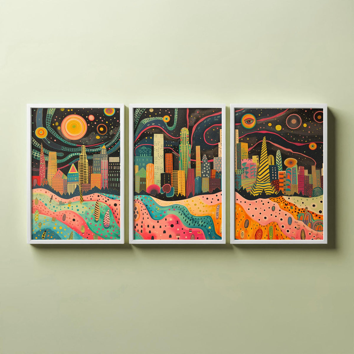 Los Angeles California Set of Three Prints | Downtown LA Skyline Skyscrapers | Folk Cityscape Art Print Poster Illustration