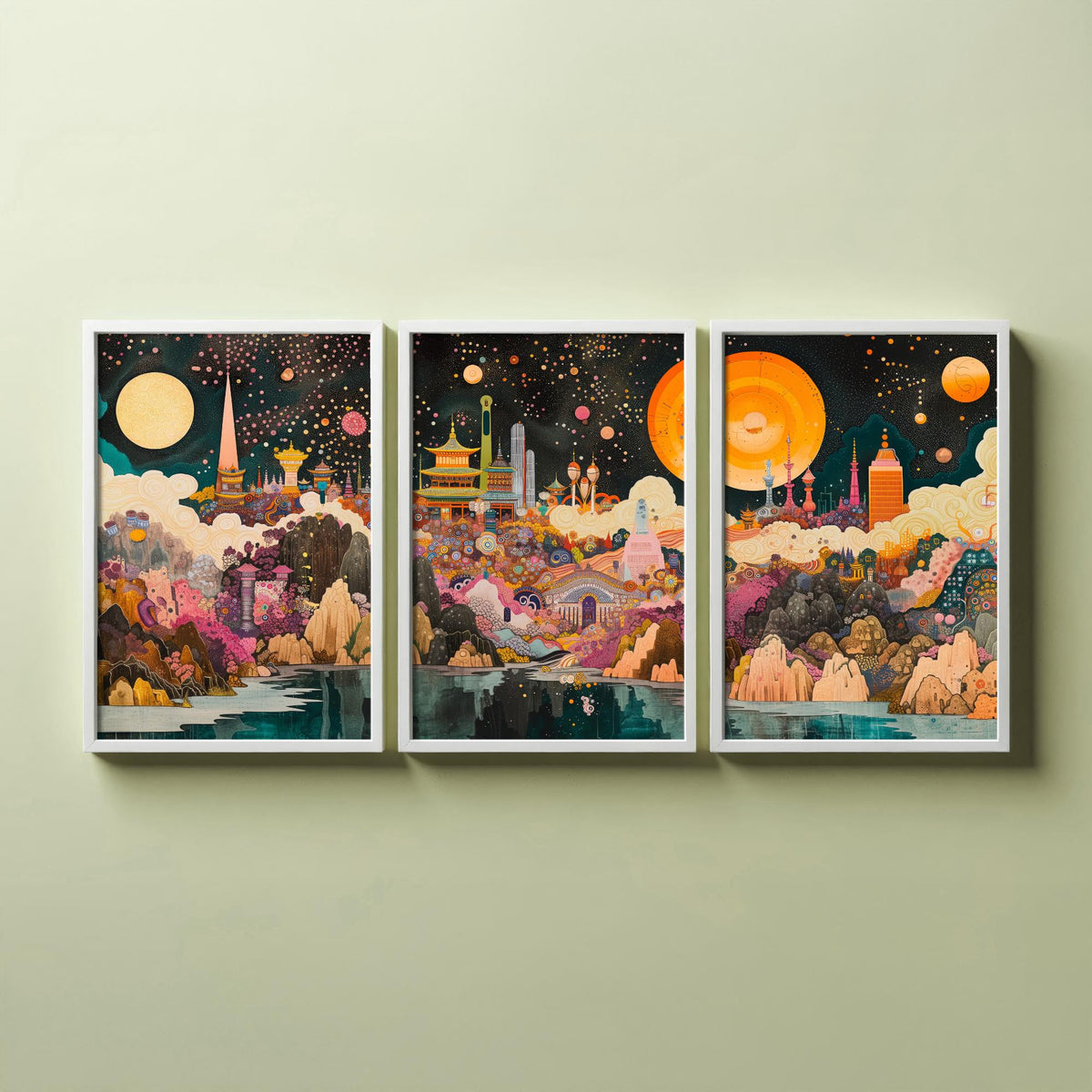 Seoul South Korea Skyline at Night Set of Three Prints - N Seoul Tower, Palaces, Namsan - 3 Art Prints Poster Painting
