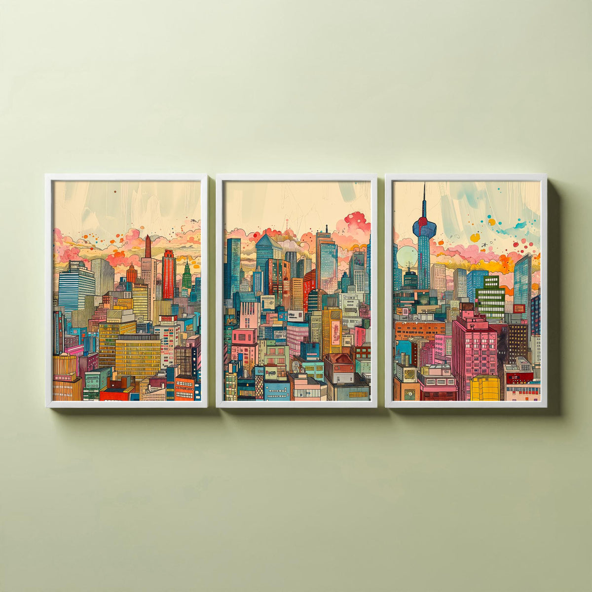 Tokyo Japan Set of Three Prints | Tokyo Tower Skytree Colourful Skyline | Dense Cityscape Travel Art Print Poster Illustration