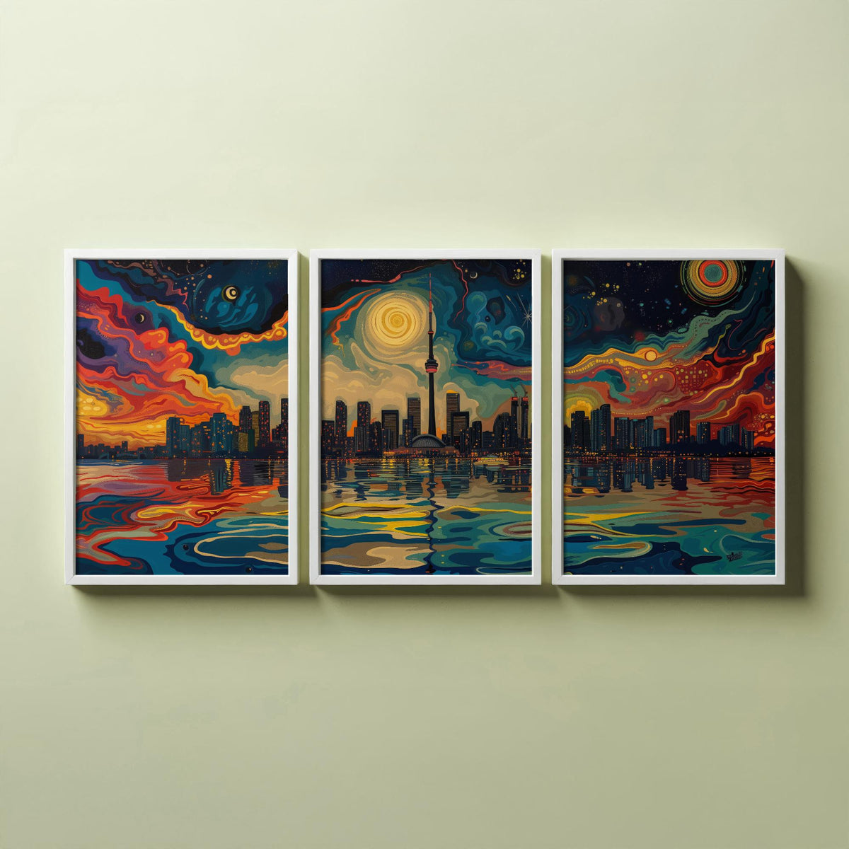 Toronto Canada Set of Three Prints | CN Tower Starry Night Skyline | Swirling Sky Painting Travel Art Print Poster