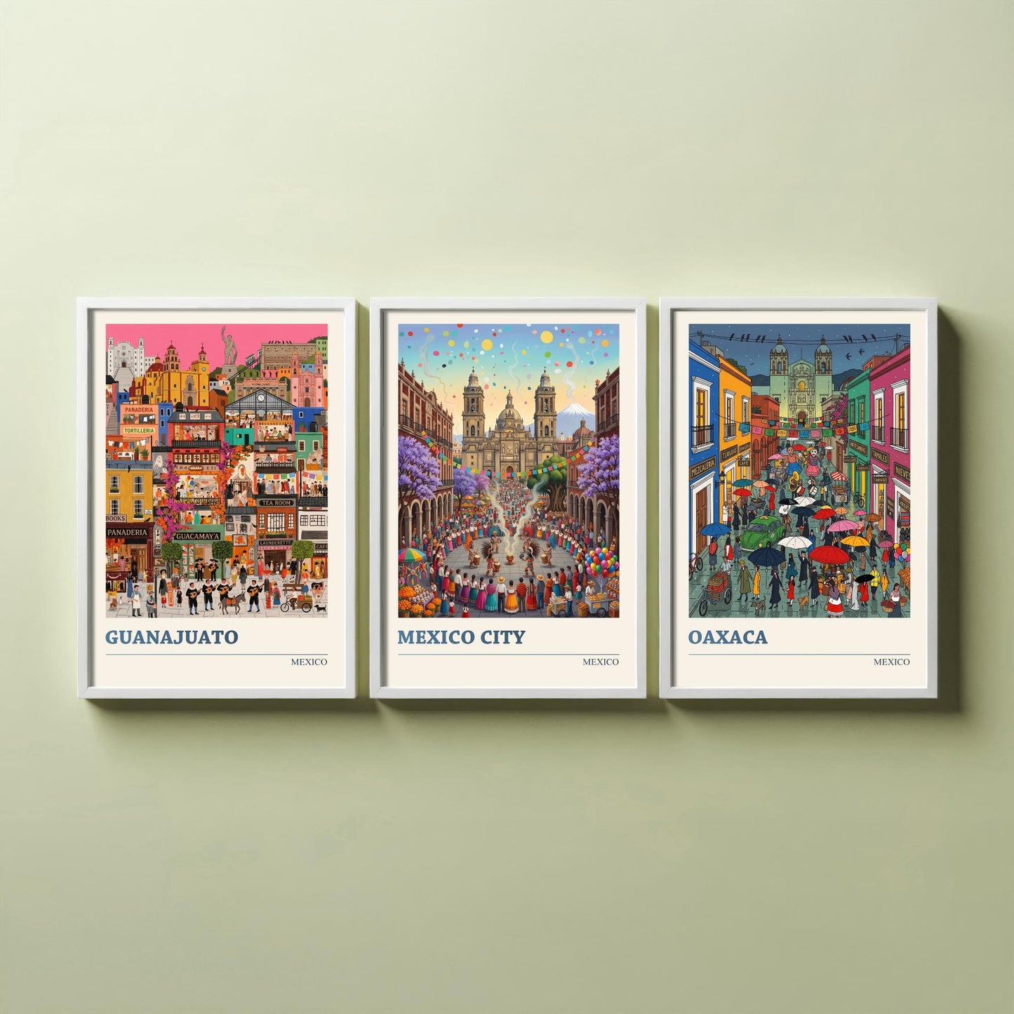 Mexico Set of Three Art Prints - Guanajuato, Mexico City, Oaxaca - 3 Colourful Folk Illustration Travel Posters - Mexican Painting