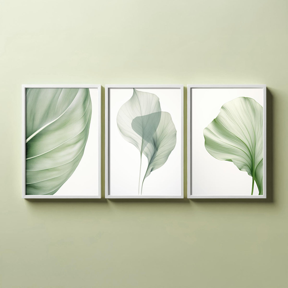 Minimalist Green Leaves Set of Three Art Prints - Sage Botanical Leaf Studies - Calm Japandi Poster Illustration