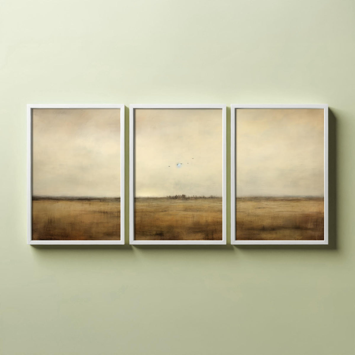 Minimalist Horizon with Birds Set of Three Art Prints - Sepia Plain and Distant Flock - Neutral Abstract Painting Poster