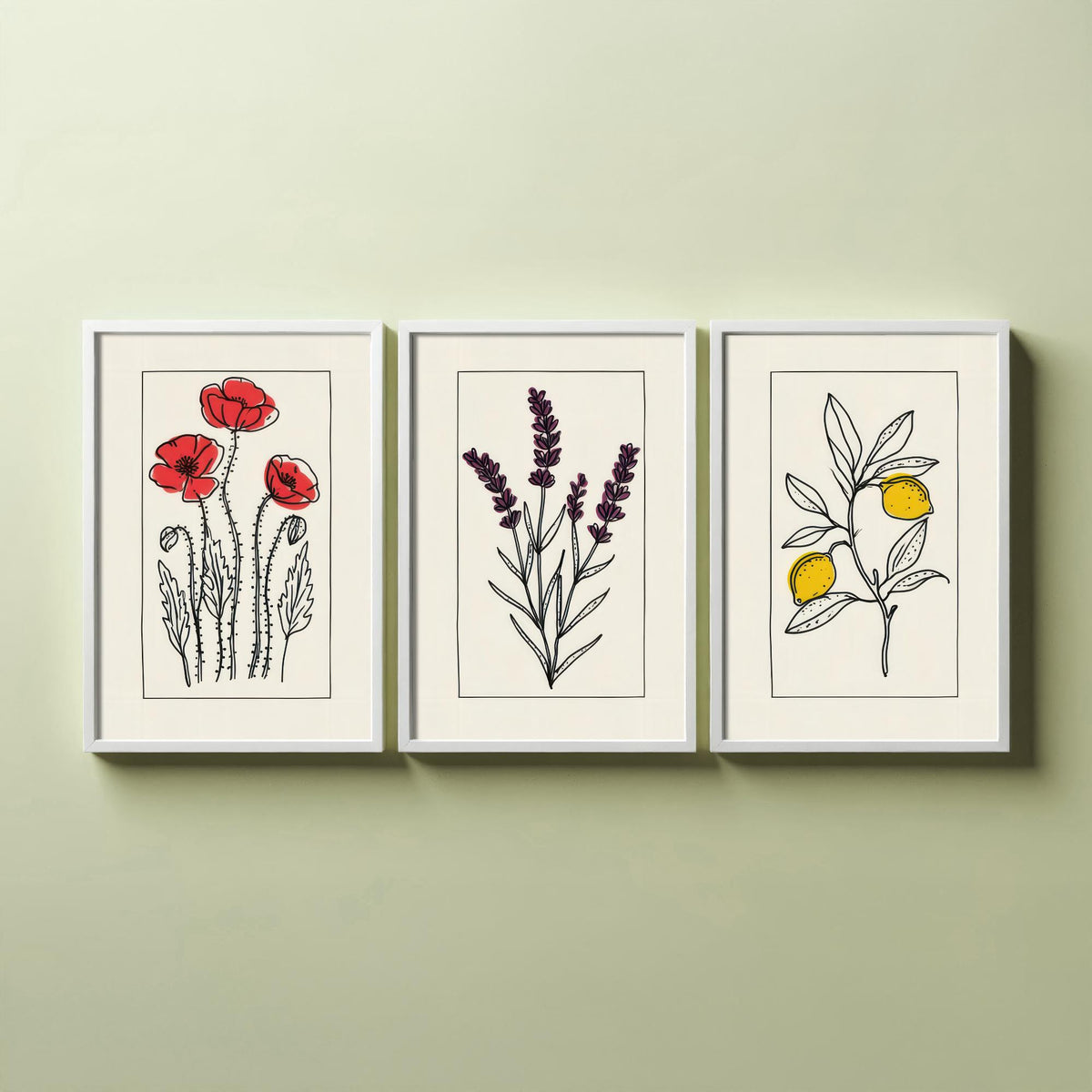 Minimalist Botanical Set of Three Art Prints - Red Poppies, Lavender, Lemons - Bordered Line Drawing Poster V3