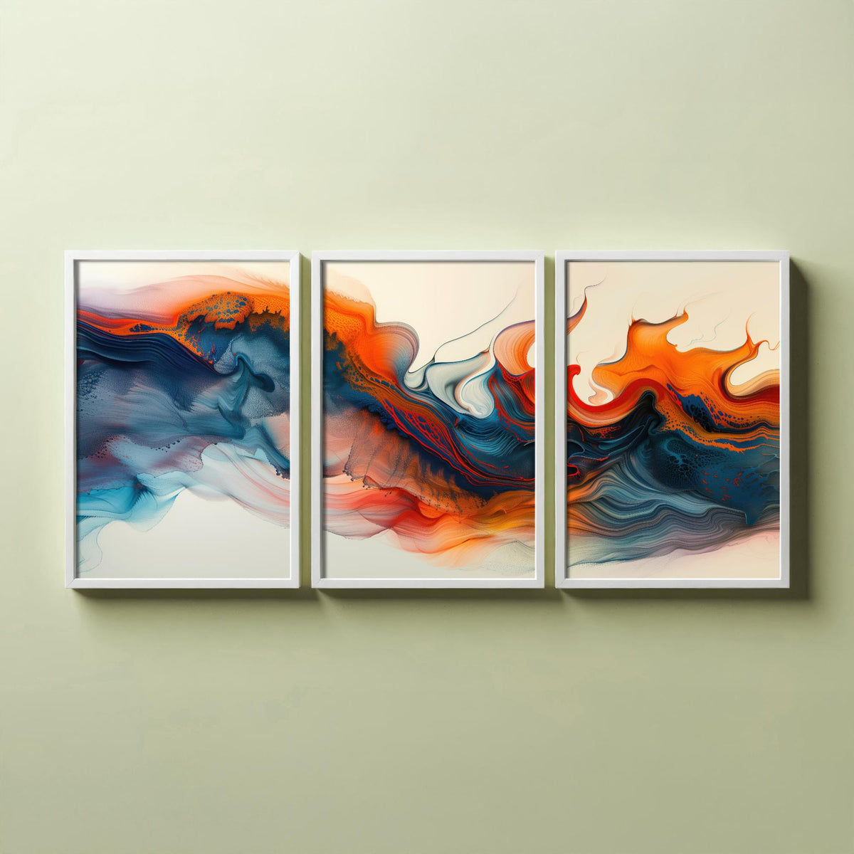 Orange and Blue Abstract Set of Three Art Prints - 3 Swirling Fluid Wave Posters - Modern Marble Wall Art Digital Painting