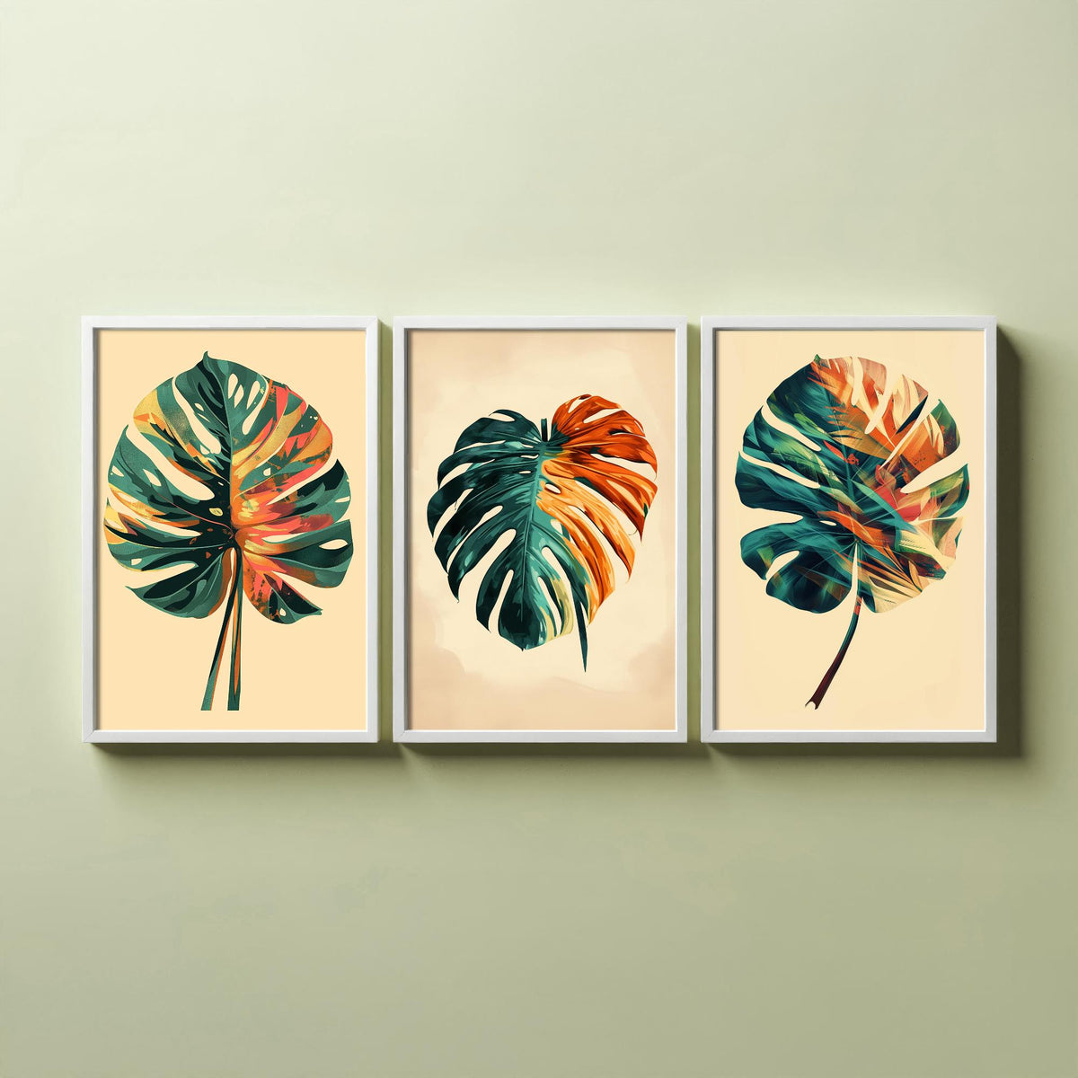 Kerala Monstera Leaf Set of Three Art Prints - 3 Tropical Palm Leaf Posters - India Botanical Jungle Wall Art Illustration