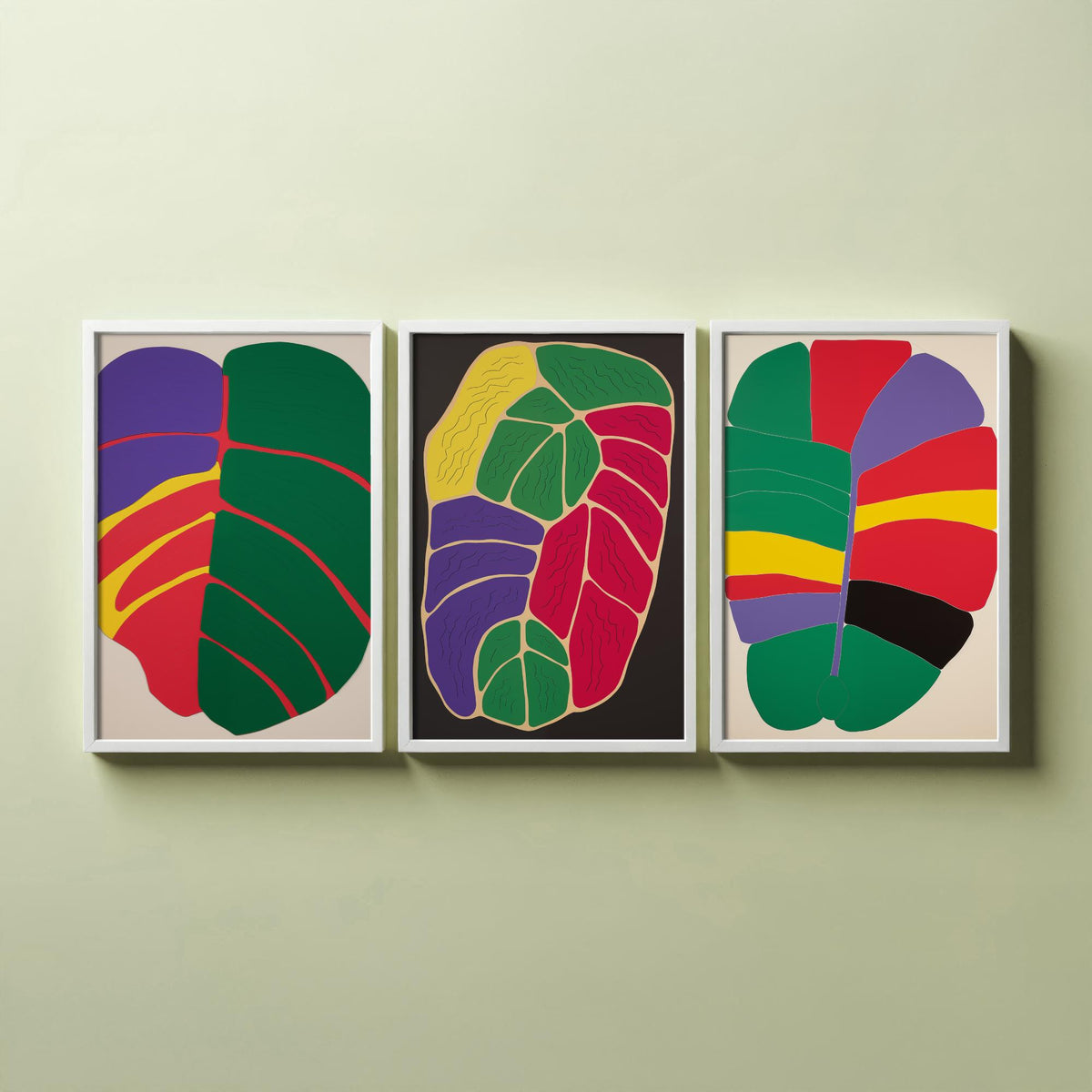 Abstract Colour Block Leaves Set of Three Art Prints - Red, Purple, Yellow and Green - Bold Mid Century Poster Illustration