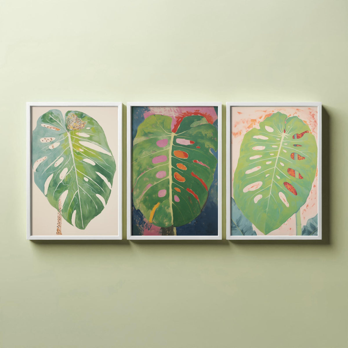 Soft Monstera Leaves Set of Three Art Prints - Pastel Sage and Blush - Light Botanical Painting Poster V1