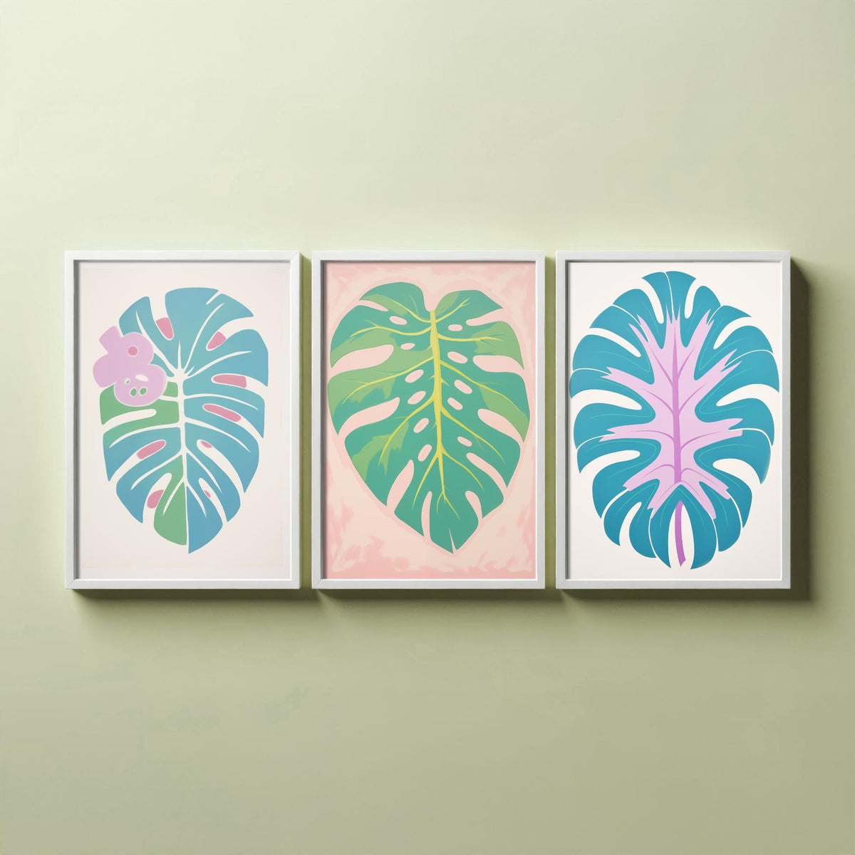 Pastel Monstera Leaves Set of Three Art Prints - Blue, Mint and Lilac - Minimalist Vector Illustration Poster