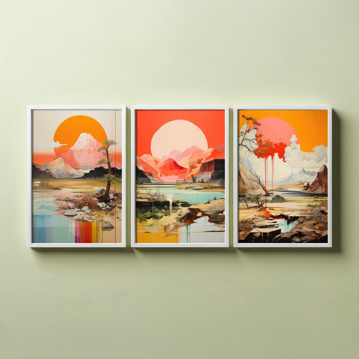 Sun and Mountain Collage Set of Three Art Prints - Orange Suns over Rocky Landscapes - Abstract Collage Illustration Poster