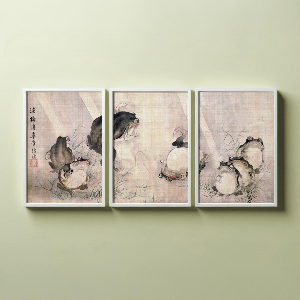Mori Shuho Frogs Sumo Match Set of Three Art Prints - Japanese Edo Period Painting - Panoramic Frog Poster