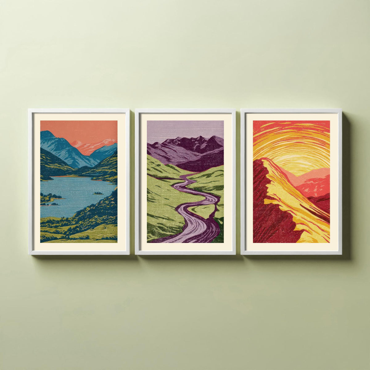 Mountain Lake, Winding River & Sunset Ridge Set of Three Art Prints - Colourful Linocut Style Landscape Woodcut Poster V2