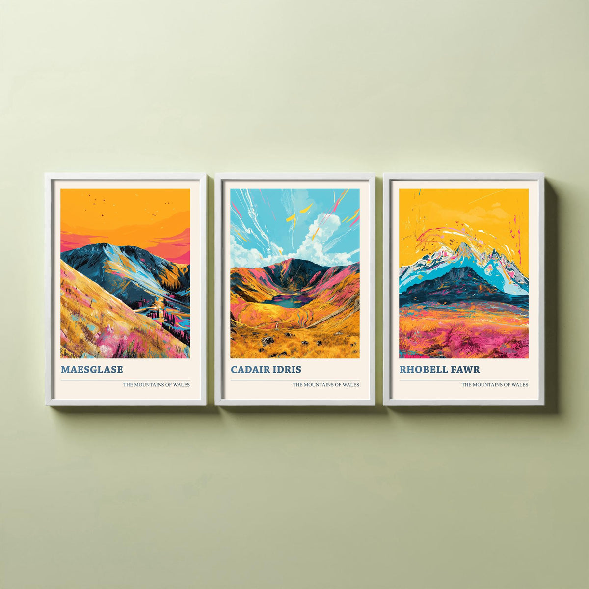 Set of Three Mountains of Wales Posters V1 - Maesglase, Cadair Idris, Rhobell Fawr - 3 Welsh Peaks Art Prints Painting Illustration