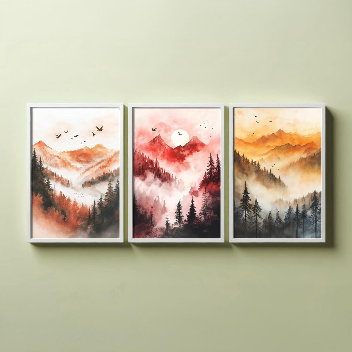 Misty Mountain Forest Set of Three Watercolour Prints - 3 Foggy Pine Tree Landscape Posters - Wall Art Sunrise Nature Painting V1