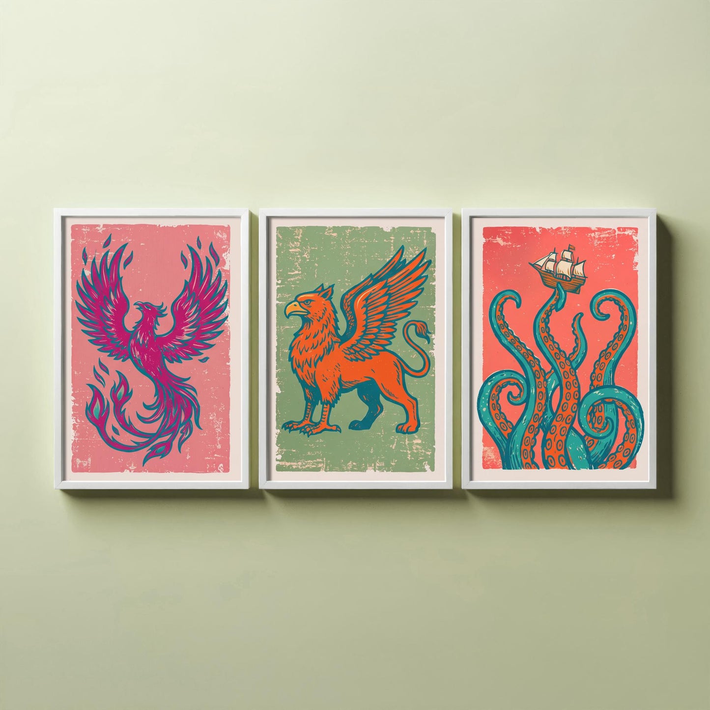 Set of Three Phoenix, Griffin and Kraken Art Prints - Mythical Creatures Linocut Illustrations - Legendary Beast Posters V2