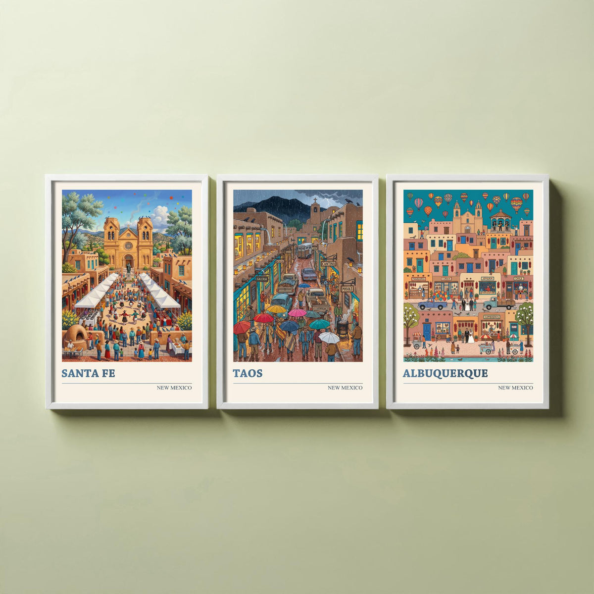 New Mexico Set of Three Art Prints - Santa Fe, Taos, Albuquerque - 3 Colourful Folk Illustration Travel Posters - Southwest Painting
