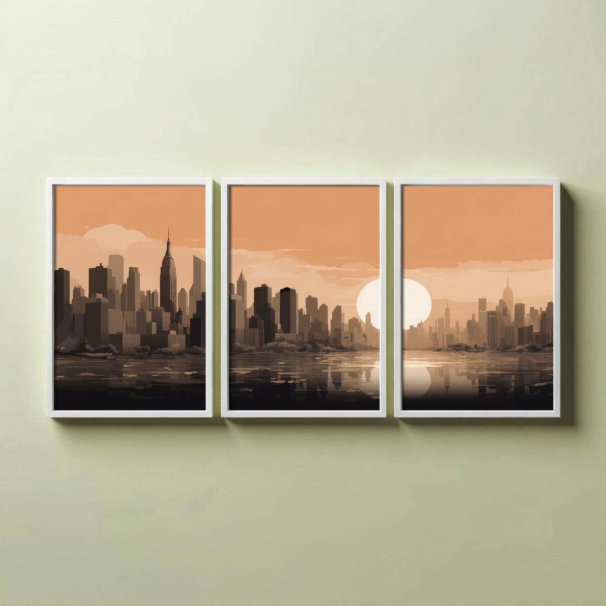 New York Skyline Set of Three Art Prints - Rust Sunset Panorama - Minimalist City Illustration Poster V1