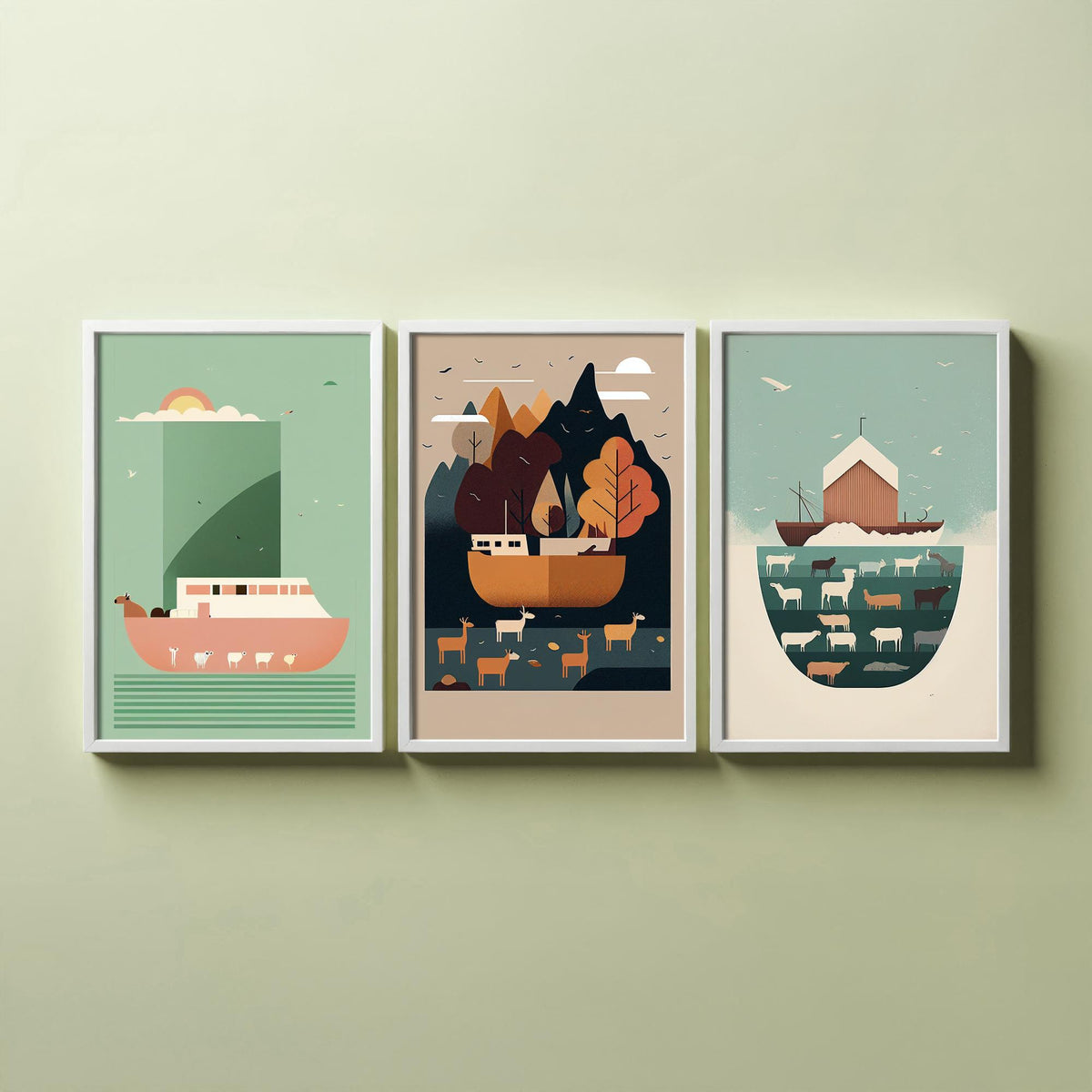Noah's Ark Set of Three Art Prints - Minimalist Ark and Animals - Retro Bible Story Poster Illustration