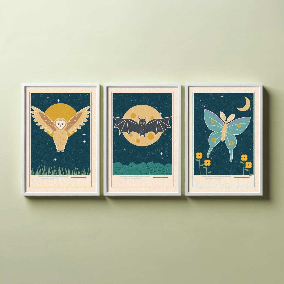 Nocturnal Animal Set of Three Art Prints - Barn Owl, Bat, Moth - Linocut Style Poster Illustration V1