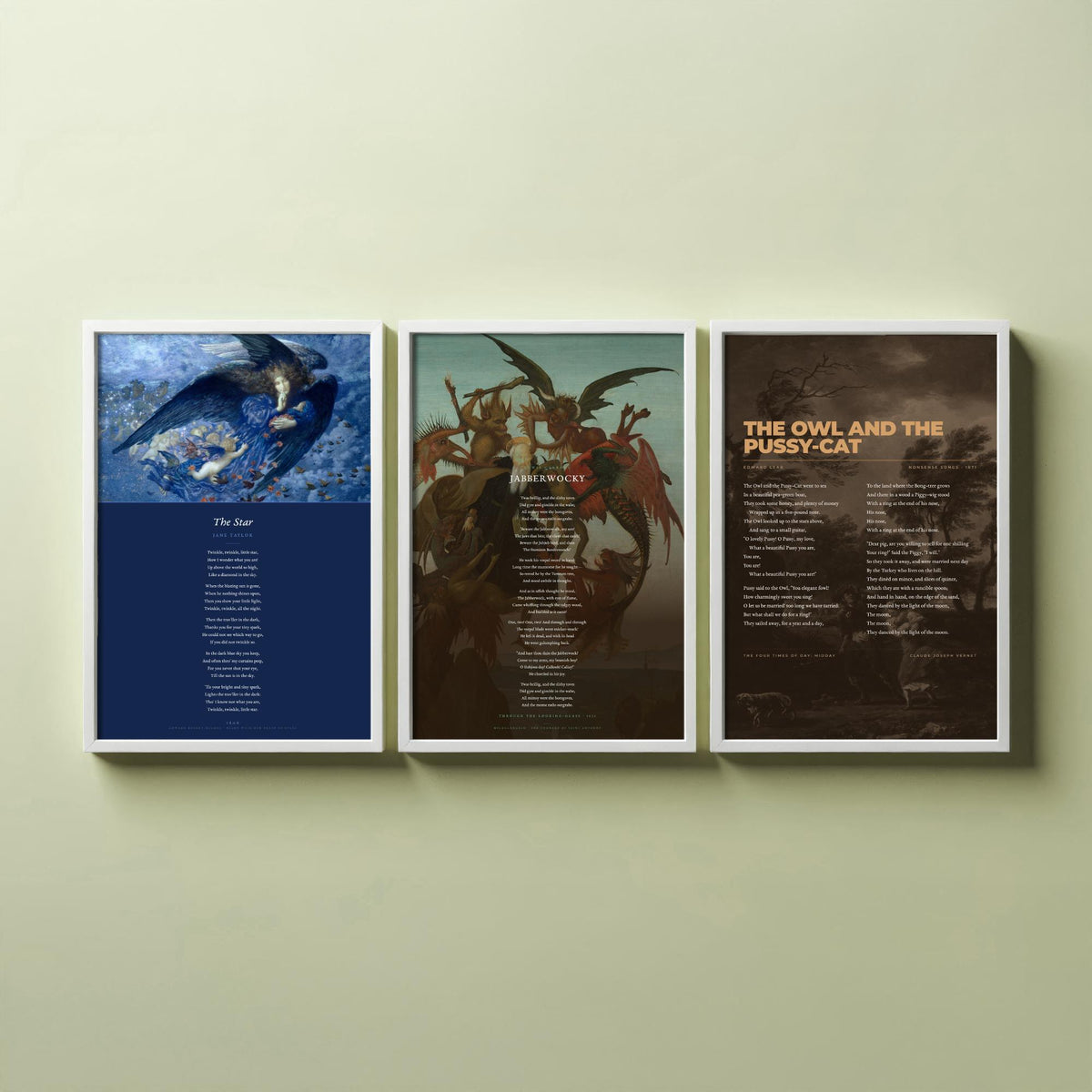 Nonsense Verse Poems Set of Three Art Prints - The Owl and the Pussy-Cat, Jabberwocky, The Star - Classic Painting Poster Triptych