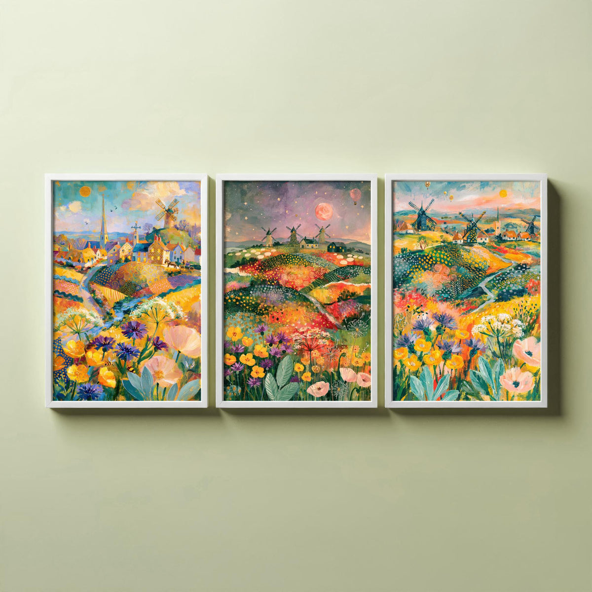 Norfolk Windmills Set of Three Art Prints - Cley, Horsey, Blakeney - Buttercup Cornflower Poppy Paintings - English Countryside Posters