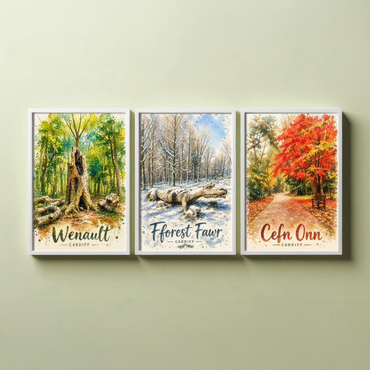 North Cardiff Wales Set of Three Prints | Wenallt Fforest Fawr Cefn Onn | Welsh Woodland Watercolour Wall Art Poster