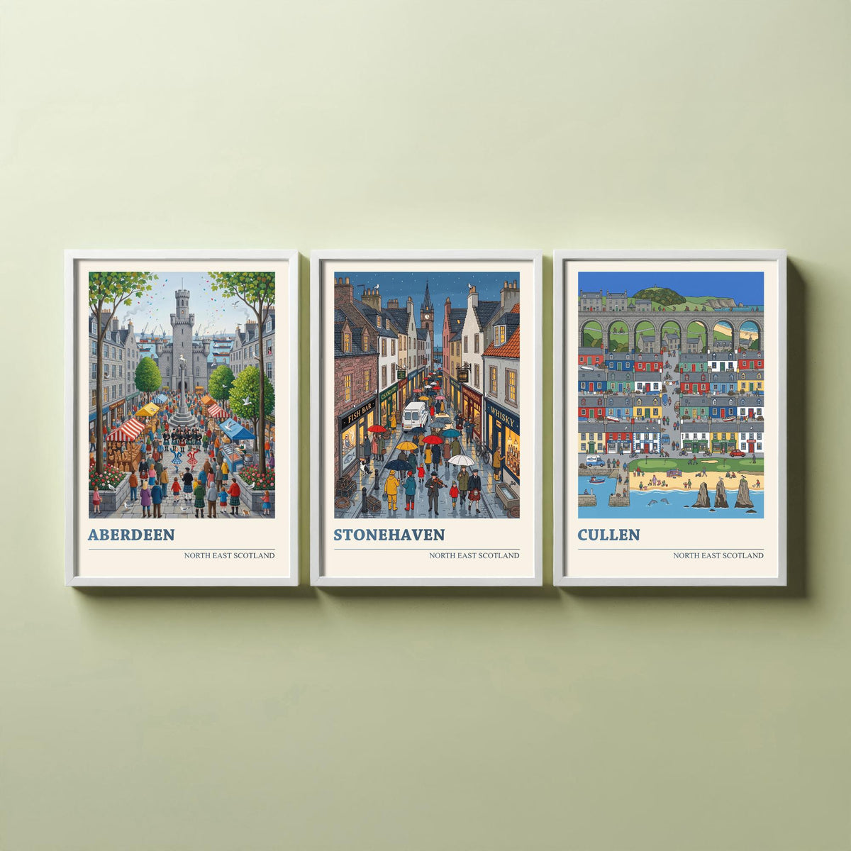 North East Scotland Set of Three Art Prints - Aberdeen, Stonehaven, Cullen - 3 Folk Illustration Travel Posters - Scottish Painting