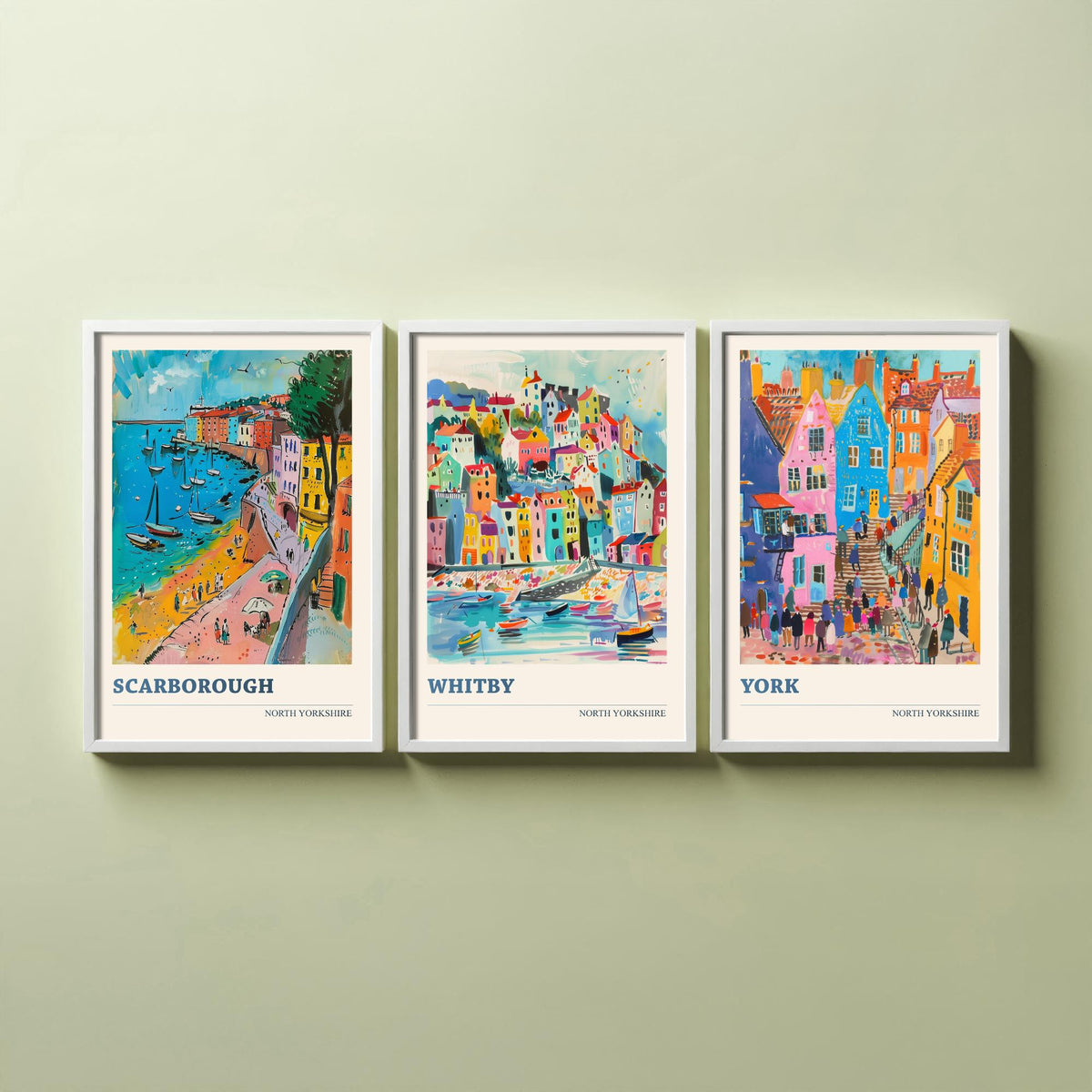 Set of Three North Yorkshire Travel Posters - Scarborough, Whitby, York - 3 Vibrant Art Prints - Painting Illustration Gift
