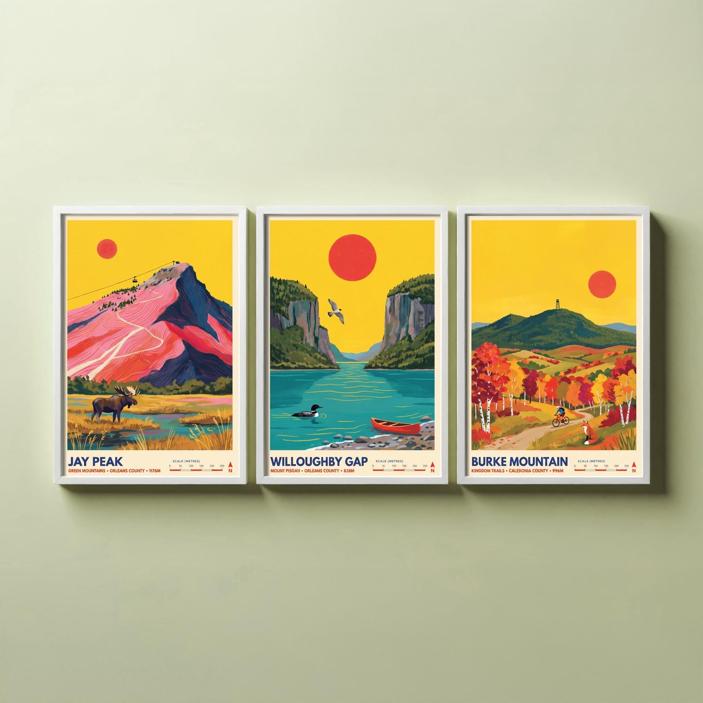 Northeast Kingdom Vermont Set of Three Art Prints - Jay Peak, Willoughby Gap, Burke Mountain - New England Travel Posters Painting