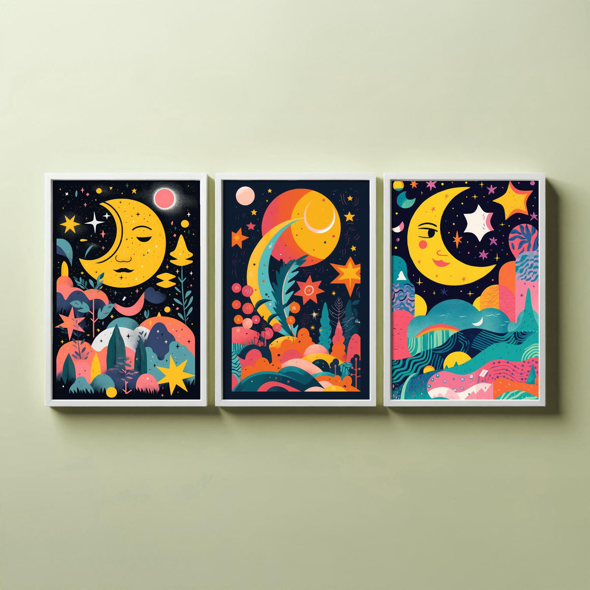 Nursery Moon and Stars Set of Three Art Prints - Smiling Crescent Moons - Bright Folk Poster Illustration