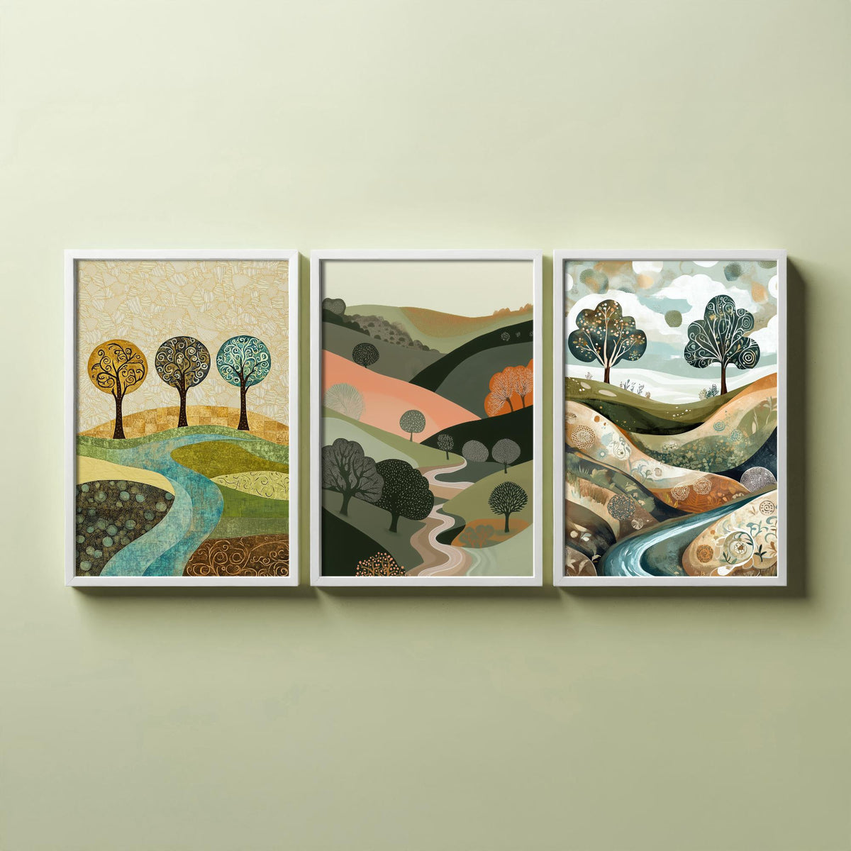 Set of Three Golden Hills Landscape Art Prints - Swirl Trees River - 3 Olive Pink Country Posters - Folk Illustration Painting V9