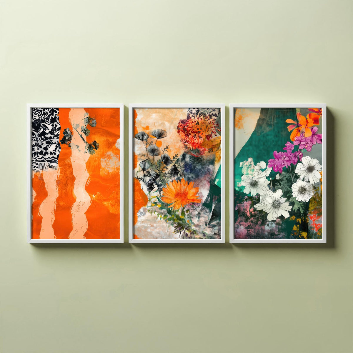 Set of Three Orange Floral Collage Art Prints - Marigold Daisy Blooms - 3 Bold Botanical Posters - Mixed Media Illustration Painting V2